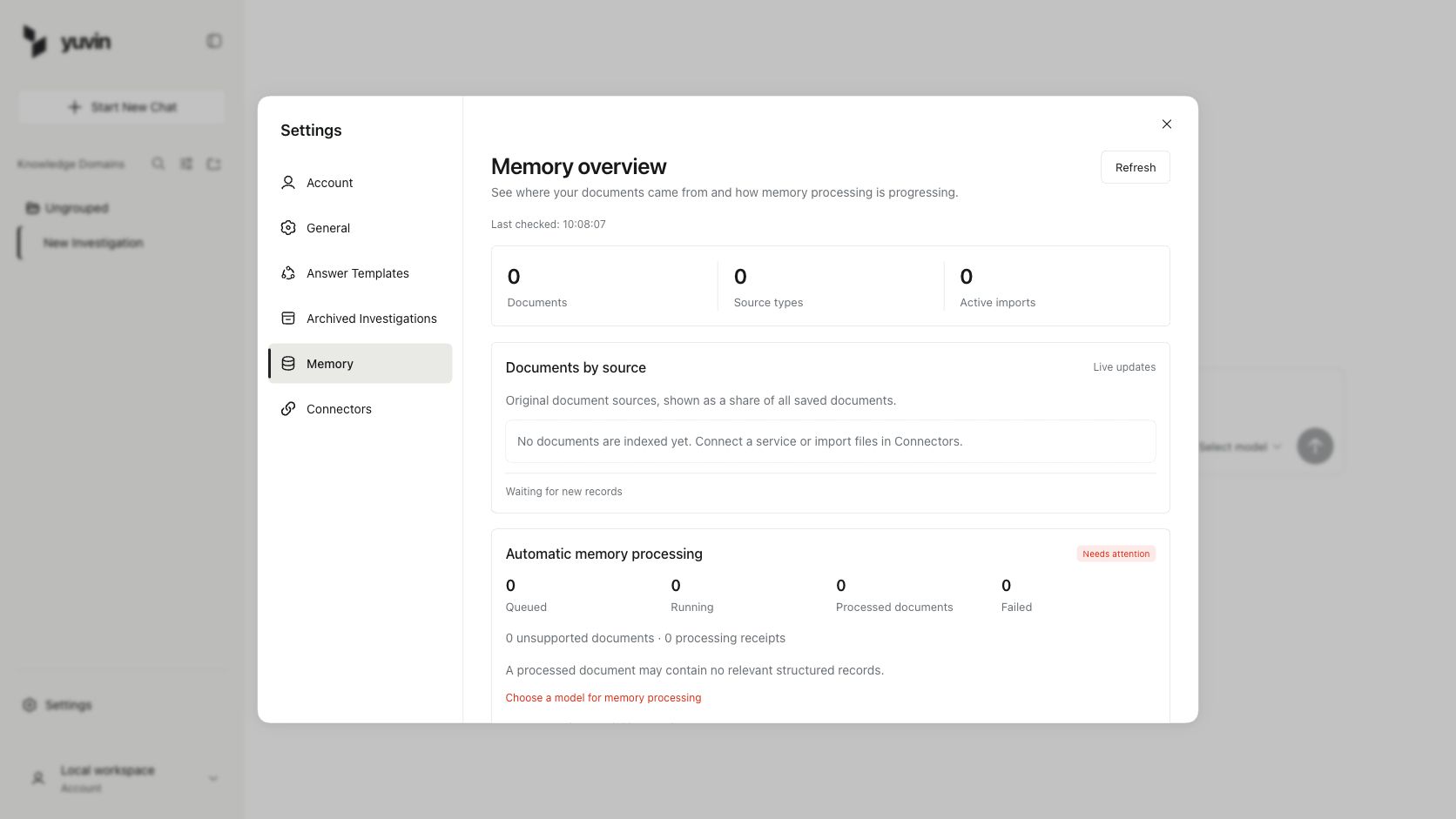 Actual Yuvin Memory settings in an empty QA workspace, showing source management and indexing status